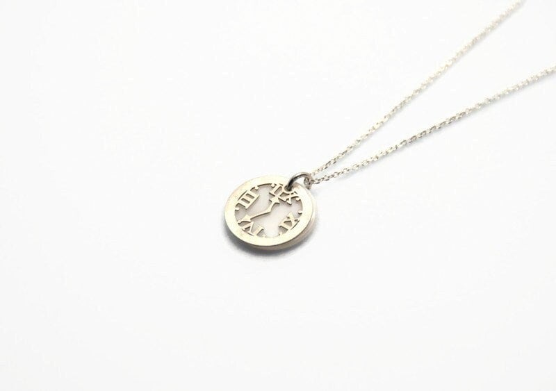 Sterling Silver Clock Necklace: Mother of Pearl Time Pendant