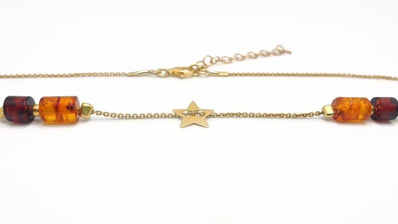 Baltic Amber Necklace Gold Plated - Adjustable Barrel Cut Amber Chain & Cherry Star Charm