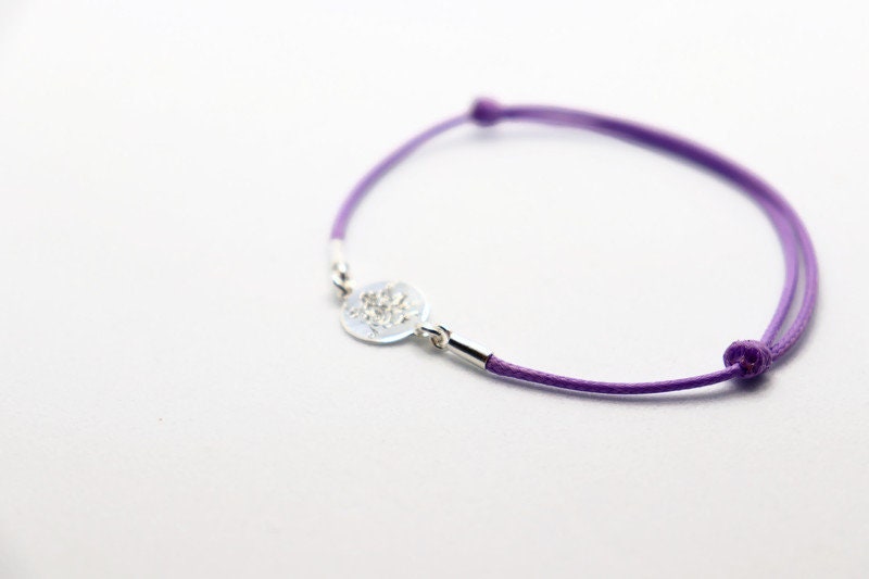 Sterling Silver Rose Bracelet – Adjustable Lavender Cord With Engraved Flower Charm