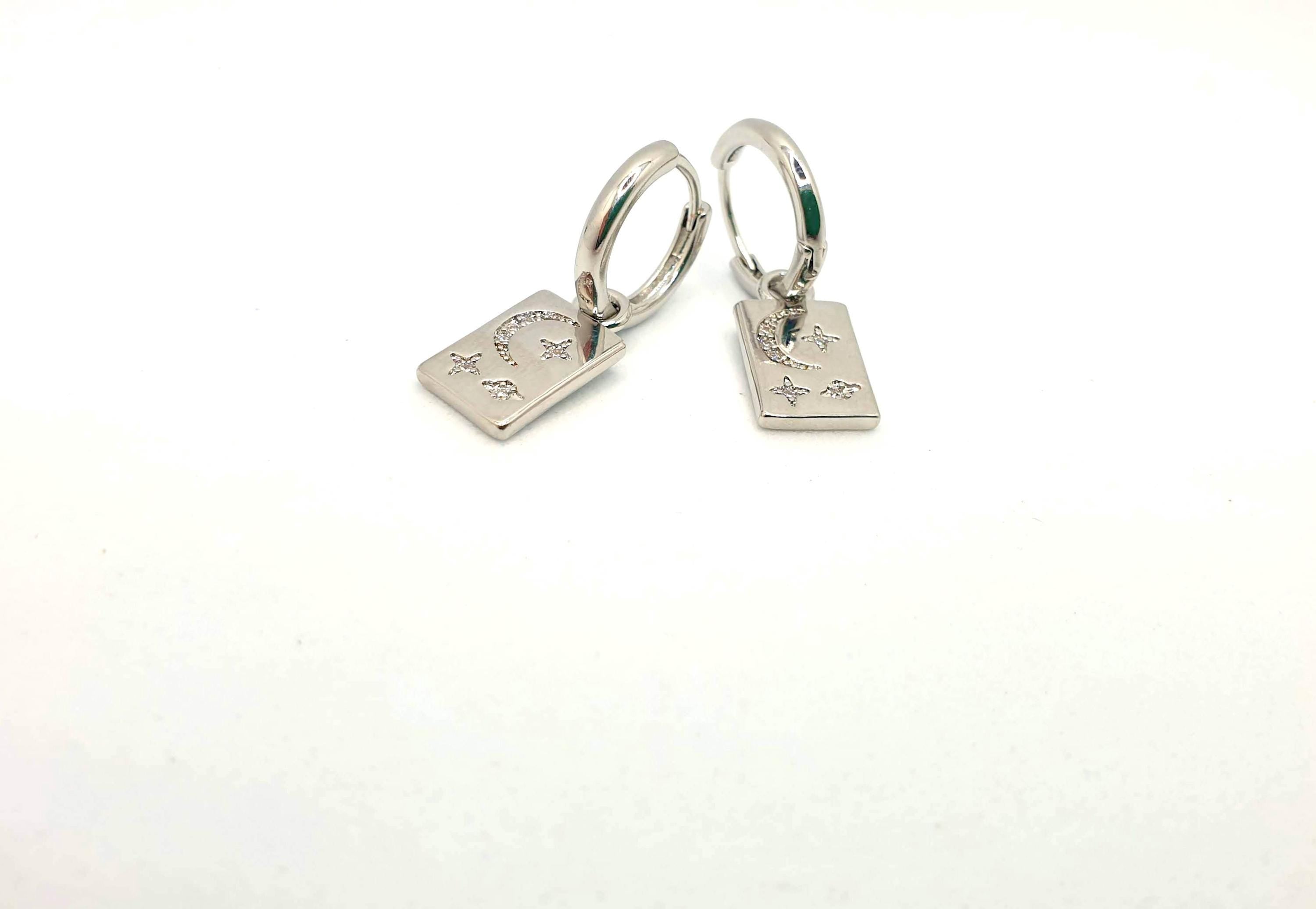 Hoop Earrings with dangle rectangle Moon and Stars in Sterling Silver, Crescent Moon Earrings, Lunar Celestial Jewelry