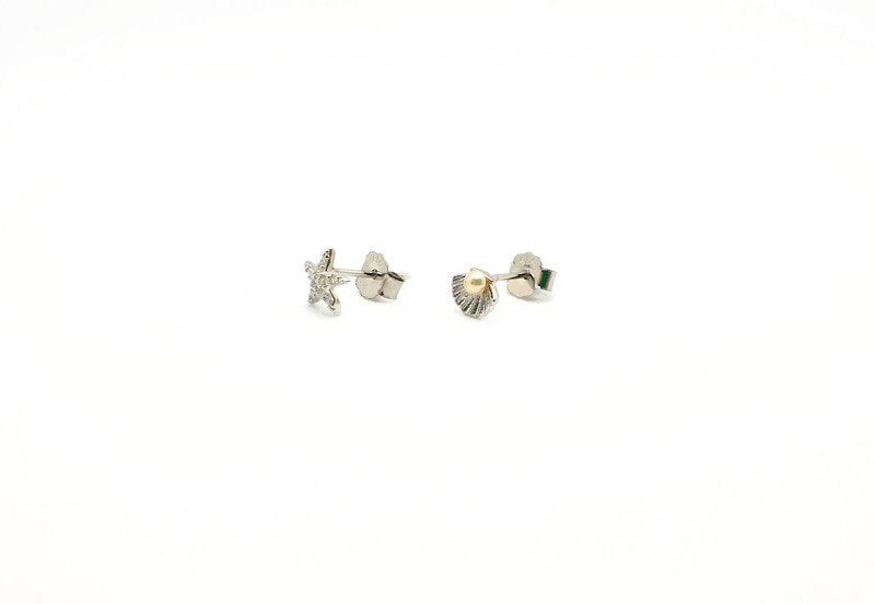 Sterling Silver Stud Earrings | Starfish Seashell Pearl & Cubic Zirconia Studs