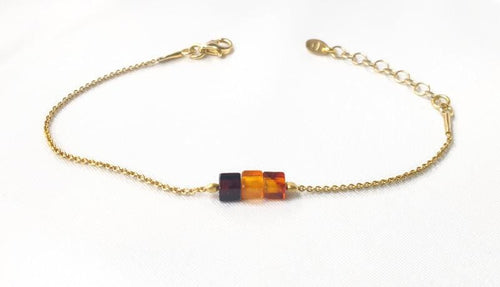 Baltic Amber Bracelet – Minimalist Gold Plated Silver Link with Multicolor Amber Beads