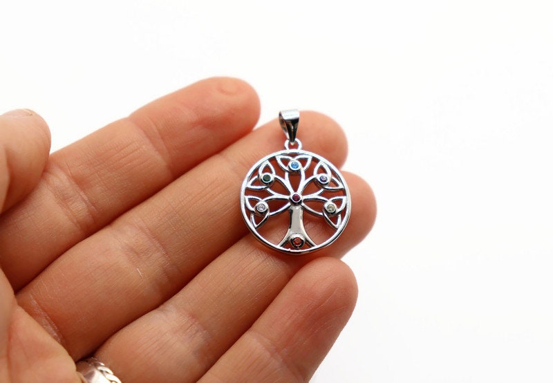 Sterling Silver Tree of Life Necklace: Colorful Enamel Chain, Cubic Zirconia Pendant