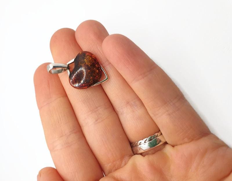 Baltic Amber Pendant – Hand Carved Amber Heart Pendant in Sterling Silver