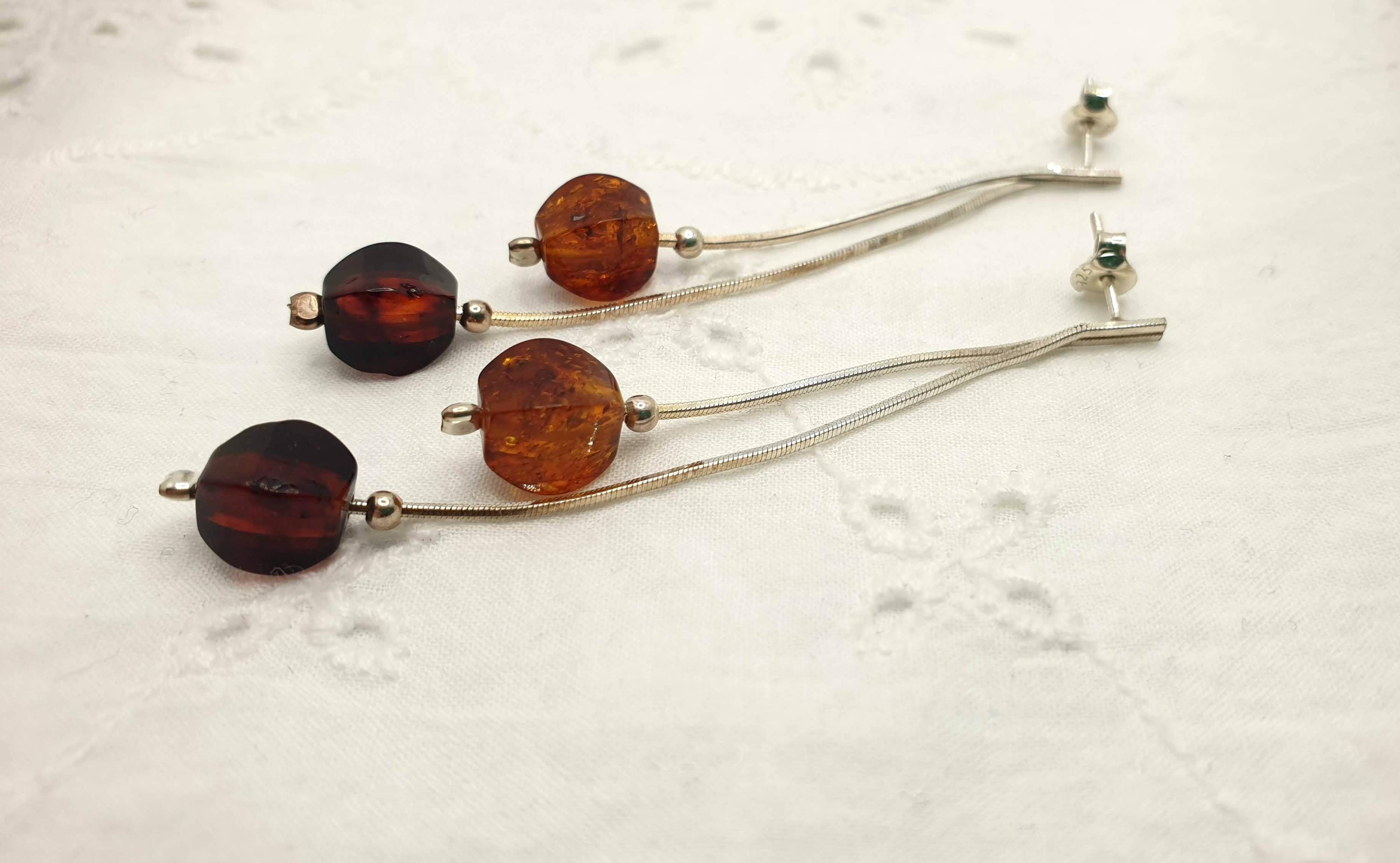 Baltic Amber Earrings – Long Cognac Cherry Faceted Amber Dangle Sterling Silver
