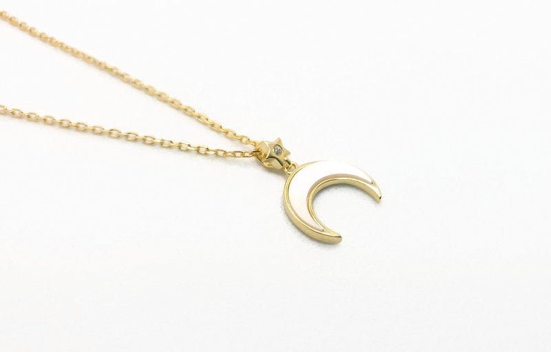Gold Crescent Moon Necklace: Mother of Pearl Moon and Star Pendant
