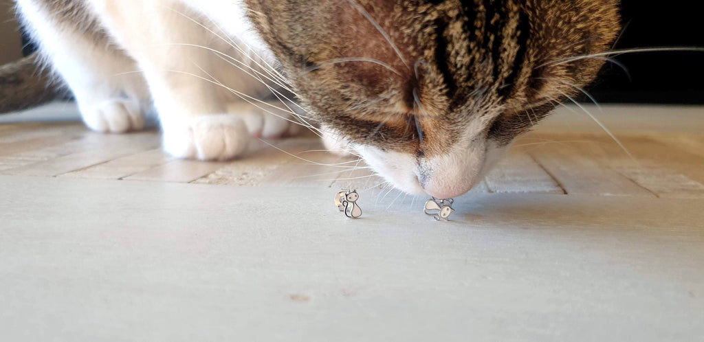 Cat Stud Earrings - Sterling Silver White Enamel Minimalist Animal Design Jewelry