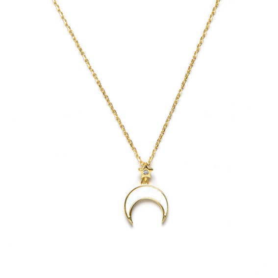 Gold Crescent Moon Necklace: Mother of Pearl Moon and Star Pendant