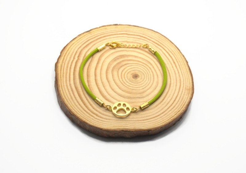 Gold Plated Dog Bracelet – 18K Silver Paw Print Charm With Green Leather Wrap