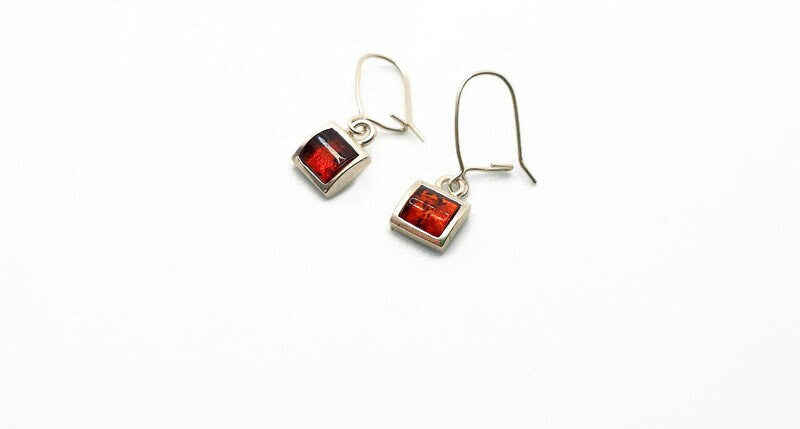 Baltic Amber Earrings - Sterling Silver Square Dangle Earrings Cognac & Green