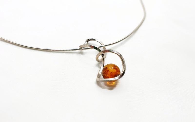 Baltic Amber Necklace - Honey Amber Pendant with Sterling Silver Spiral Chain