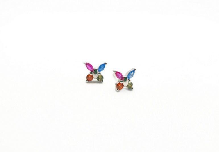 Butterfly Stud Earrings – Sterling Silver Studs with Colorful Cubic Zirconia Gems