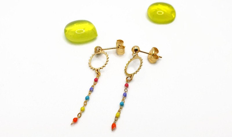 Boho Sun Dangle Earrings: Gold Plated Silver with Colorful Enamel
