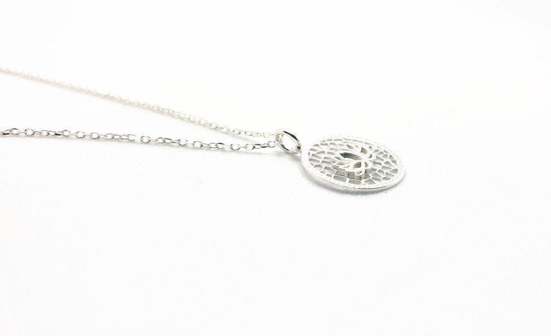 Lotus Flower Sterling Silver 925 Pendant Chain Necklace, Circle Mandala Floral Yoga Necklace