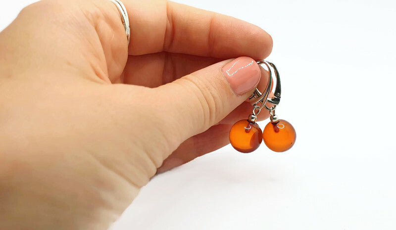 Beautiful Honey Cognac Clear Polished Amber Danlge Earrings with Sterling Silver 925, round ball drop dangle earrings, Baltic amber jewelry