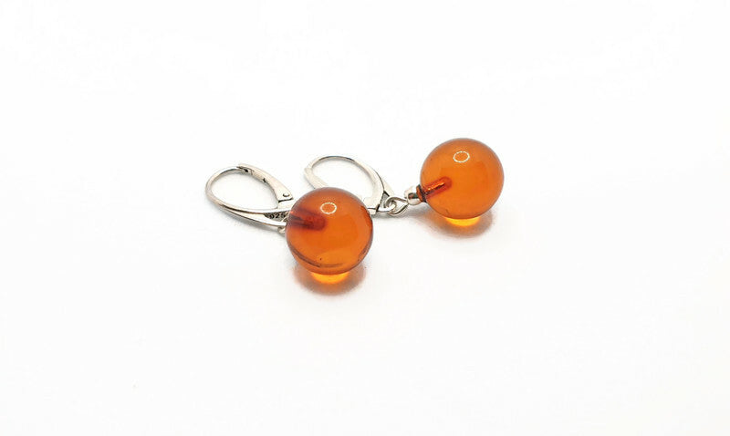 Beautiful Honey Cognac Clear Polished Amber Danlge Earrings with Sterling Silver 925, round ball drop dangle earrings, Baltic amber jewelry