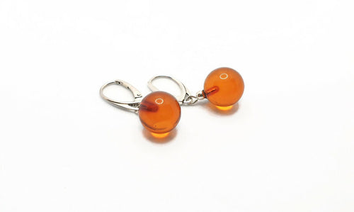 Beautiful Honey Cognac Clear Polished Amber Danlge Earrings with Sterling Silver 925, round ball drop dangle earrings, Baltic amber jewelry