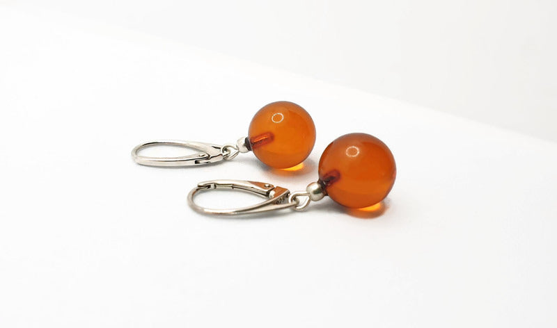 Beautiful Honey Cognac Clear Polished Amber Danlge Earrings with Sterling Silver 925, round ball drop dangle earrings, Baltic amber jewelry