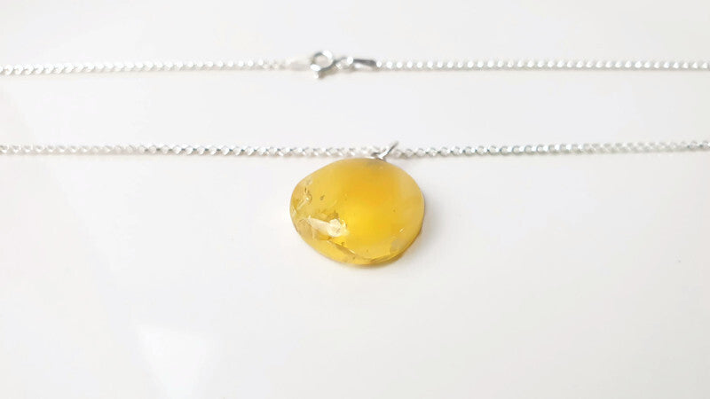 Butterscotch Baltic Amber Round Pendant Sterling Silver - Long Chain Necklace - Yellow White Amber