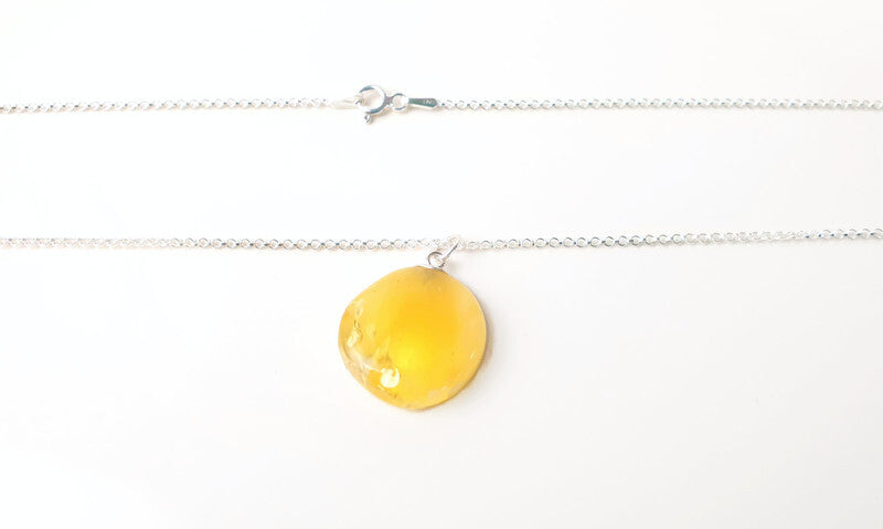 Butterscotch Baltic Amber Round Pendant Sterling Silver - Long Chain Necklace - Yellow White Amber