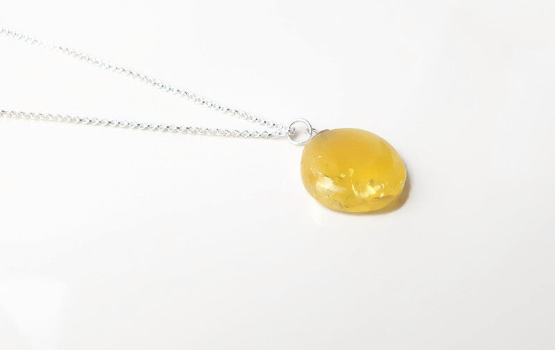 Butterscotch Baltic Amber Round Pendant Sterling Silver - Long Chain Necklace - Yellow White Amber
