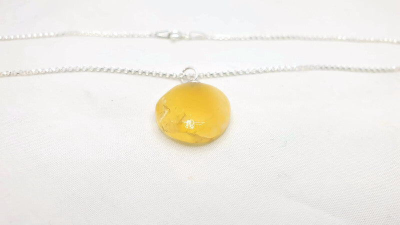 Butterscotch Baltic Amber Round Pendant Sterling Silver - Long Chain Necklace - Yellow White Amber