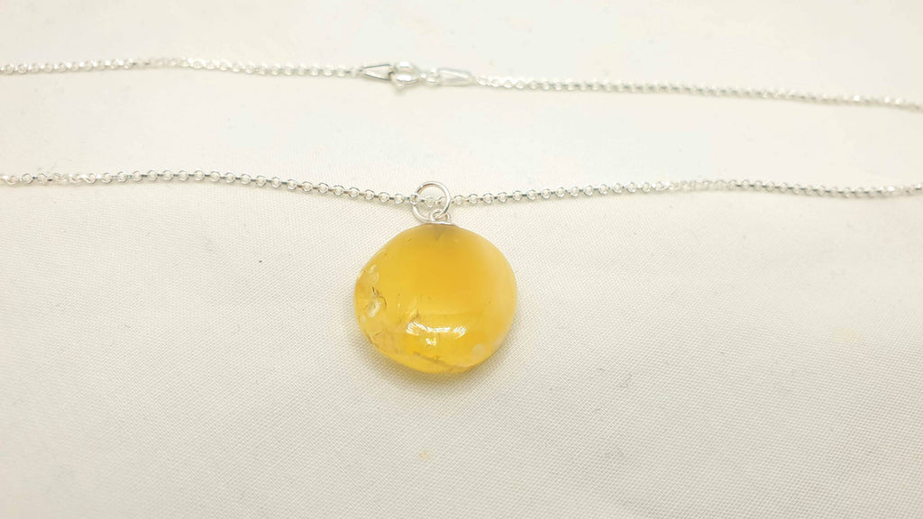 Butterscotch Baltic Amber Round Pendant Sterling Silver - Long Chain Necklace - Yellow White Amber