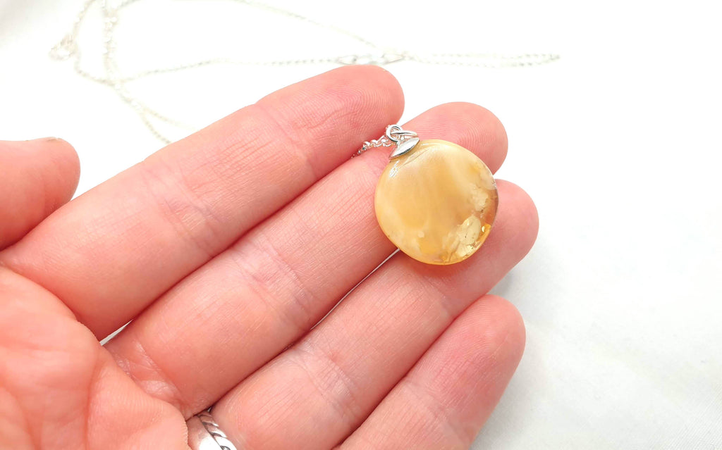 Butterscotch Baltic Amber Round Pendant Sterling Silver - Long Chain Necklace - Yellow White Amber