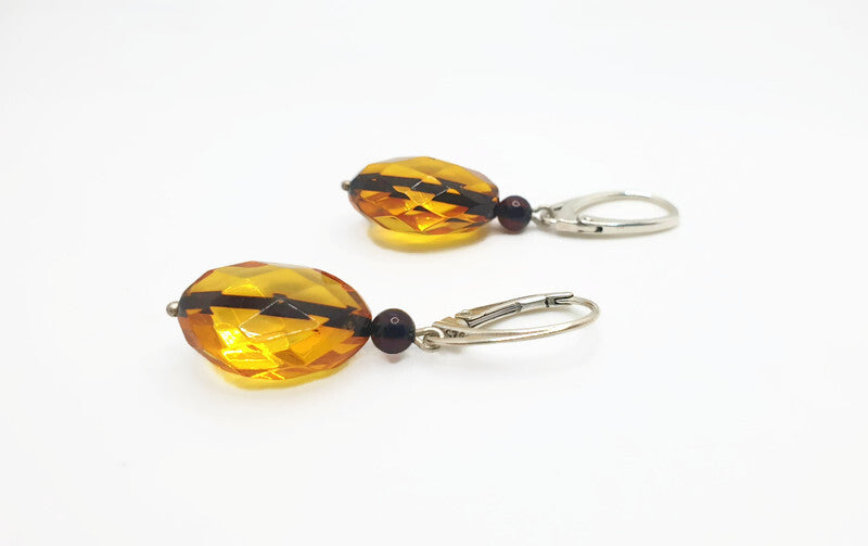 Luxury Faceted Baltic Amber Dangle Earrings with Sterling Silver - Lemon , Honey, Cherry Amber