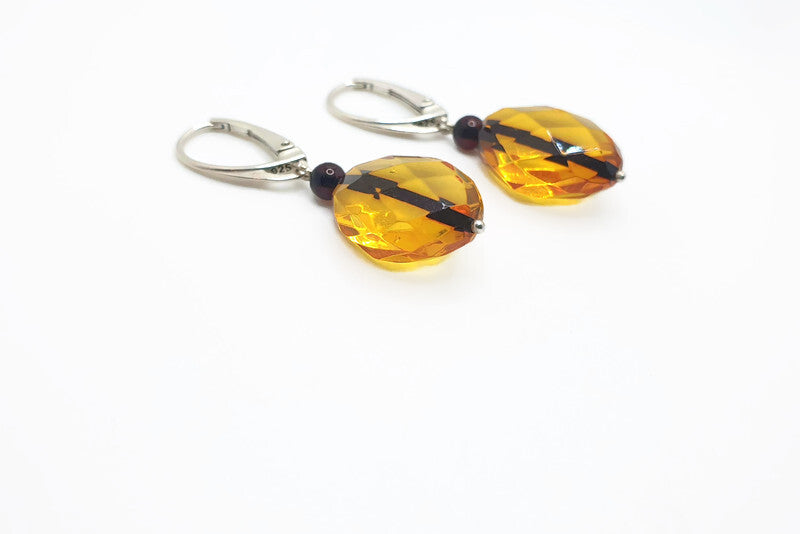 Luxury Faceted Baltic Amber Dangle Earrings with Sterling Silver - Lemon , Honey, Cherry Amber