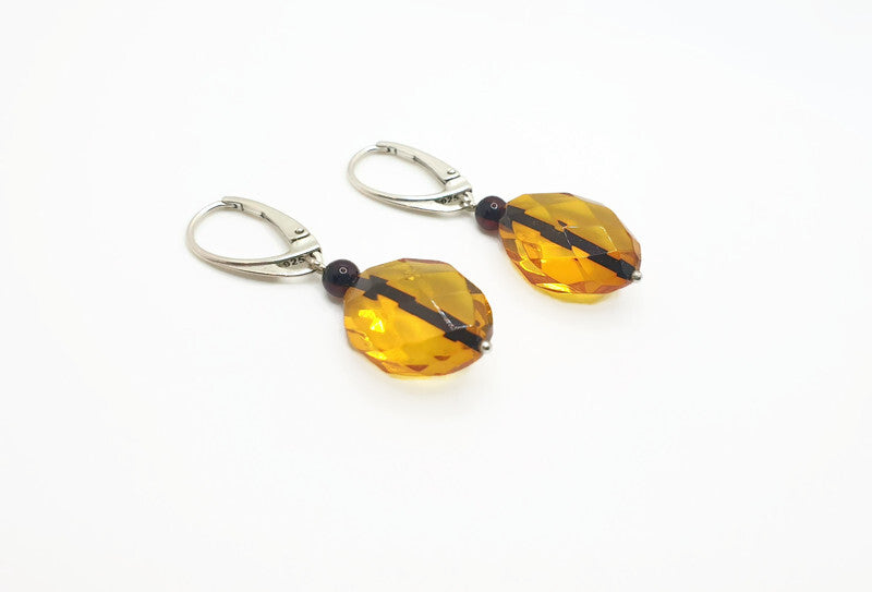 Luxury Faceted Baltic Amber Dangle Earrings with Sterling Silver - Lemon , Honey, Cherry Amber