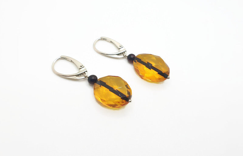 Luxury Faceted Baltic Amber Dangle Earrings with Sterling Silver - Lemon , Honey, Cherry Amber