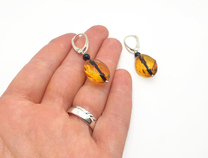 Luxury Faceted Baltic Amber Dangle Earrings with Sterling Silver - Lemon , Honey, Cherry Amber