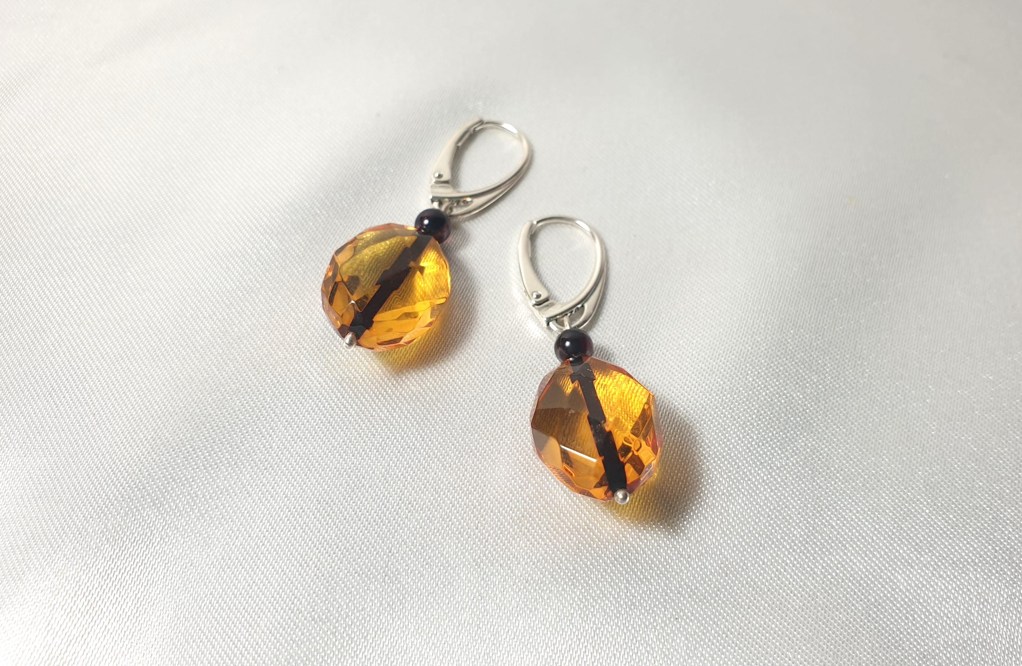 Luxury Faceted Baltic Amber Dangle Earrings with Sterling Silver - Lemon , Honey, Cherry Amber