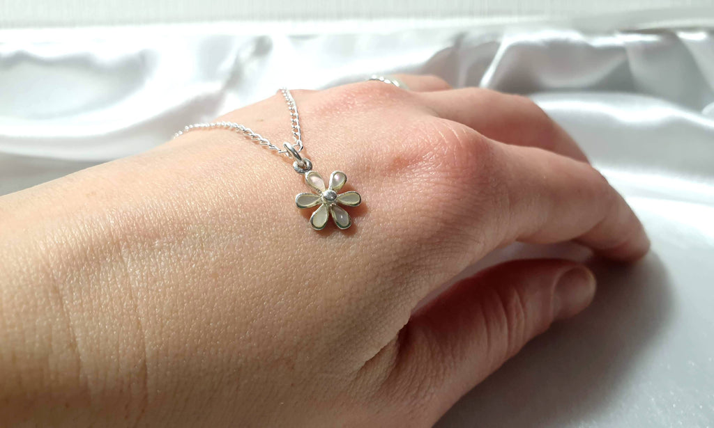 Mother Of Pearl Nacre Flower Necklace: Sterling Silver Floral Pendant with the Chain