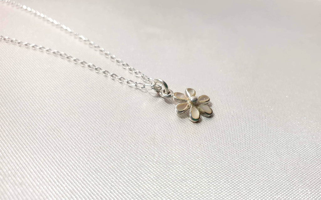 Mother Of Pearl Nacre Flower Necklace: Sterling Silver Floral Pendant with the Chain