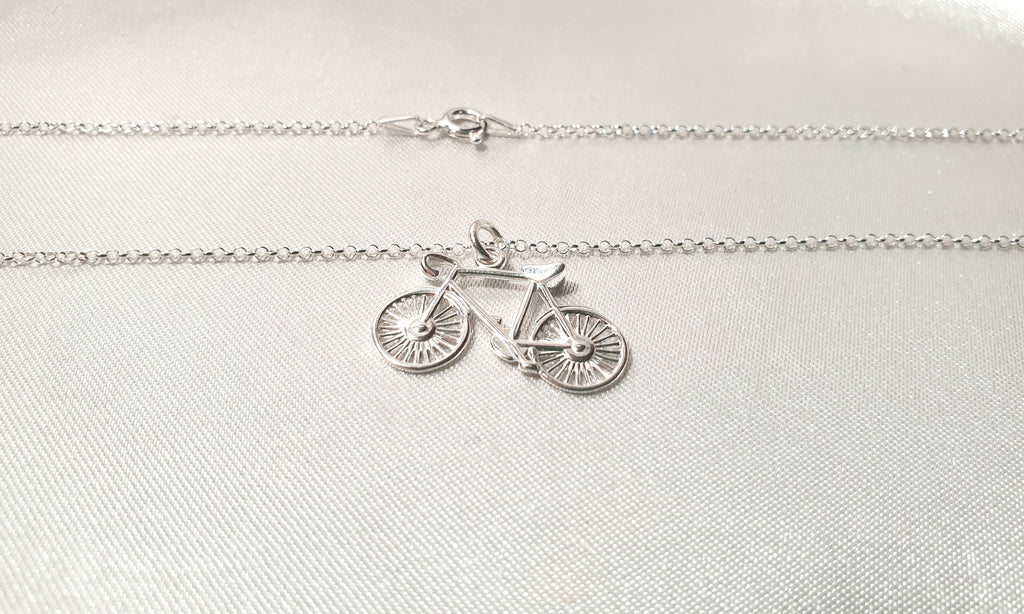 Bike Pendant Necklace in Sterling Silver 925, Unisex Cycling Bicycle Chain Necklace