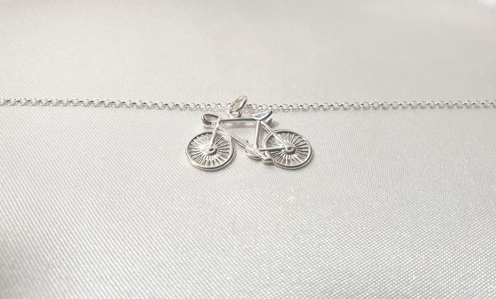 Bike Pendant Necklace in Sterling Silver 925, Unisex Cycling Bicycle Chain Necklace