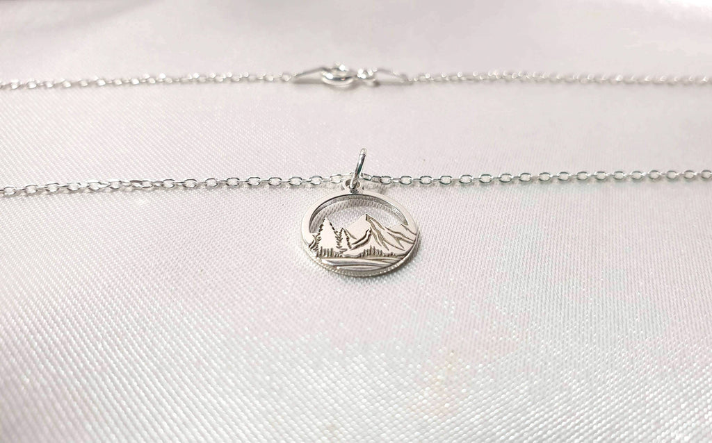 Engraved Mountains and Forest Pendant Necklace in Sterling Silver - Hiking Climbing Adventure Pendant - Travel Inspired Jewelry