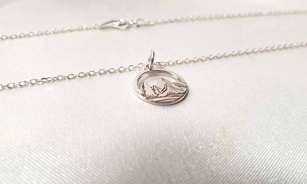 Engraved Mountains and Forest Pendant Necklace in Sterling Silver - Hiking Climbing Adventure Pendant - Travel Inspired Jewelry