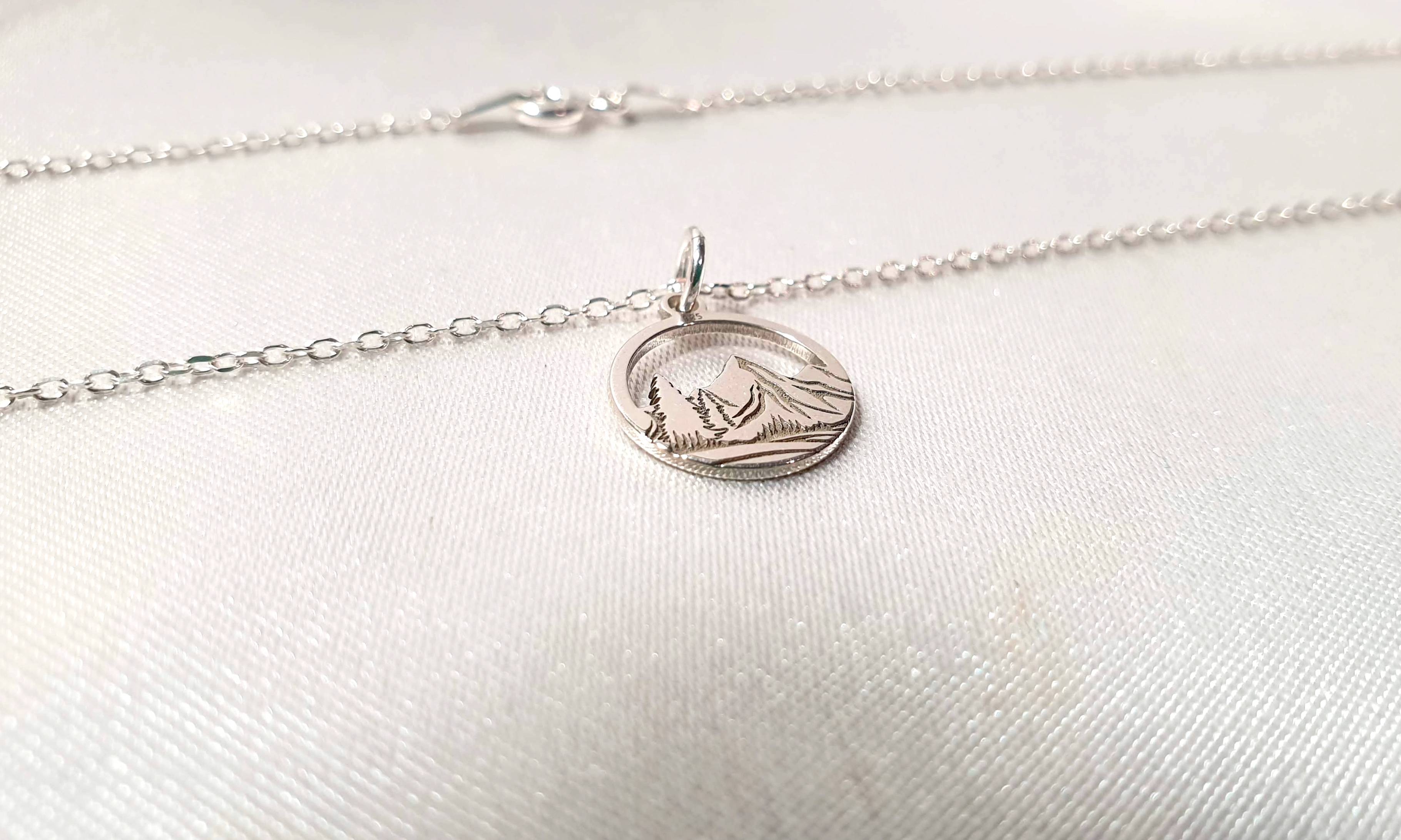 Engraved Mountains and Forest Pendant Necklace in Sterling Silver - Hiking Climbing Adventure Pendant - Travel Inspired Jewelry