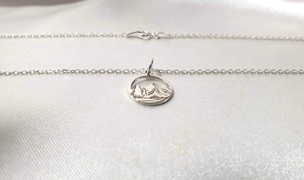 Engraved Mountains and Forest Pendant Necklace in Sterling Silver - Hiking Climbing Adventure Pendant - Travel Inspired Jewelry
