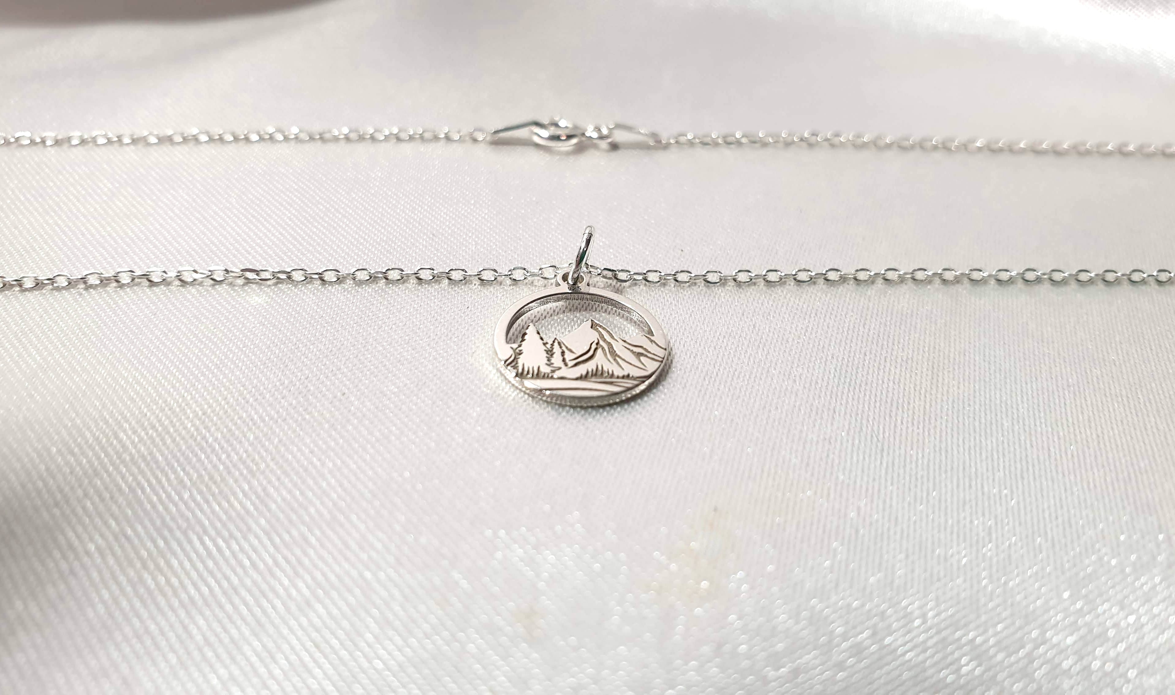 Engraved Mountains and Forest Pendant Necklace in Sterling Silver - Hiking Climbing Adventure Pendant - Travel Inspired Jewelry