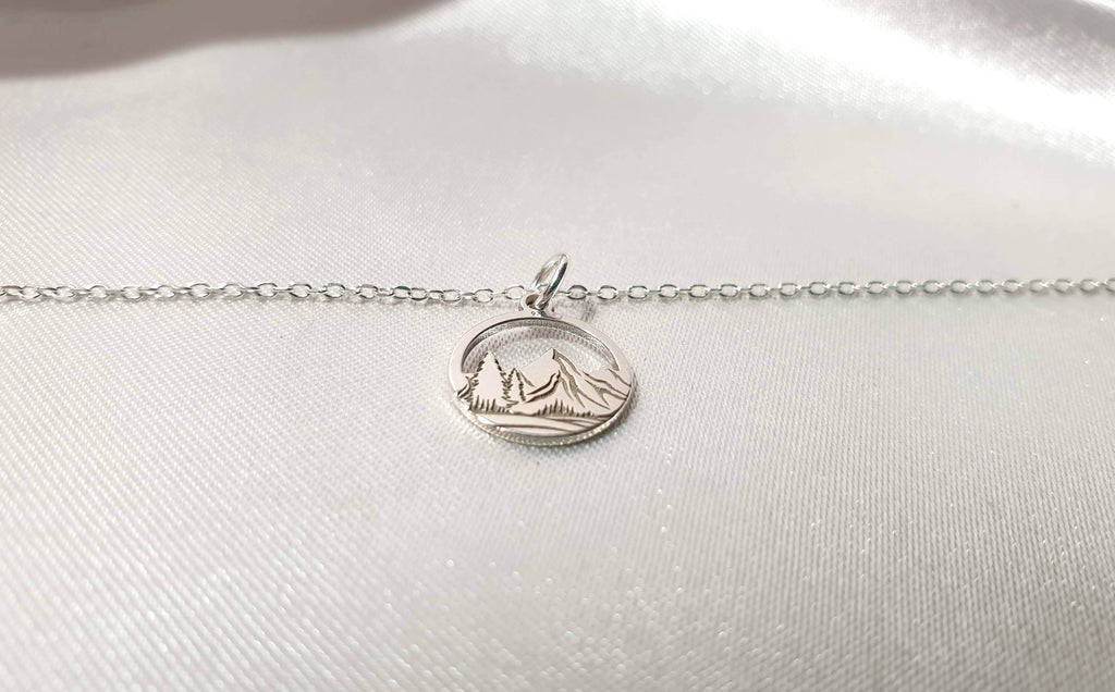 Engraved Mountains and Forest Pendant Necklace in Sterling Silver - Hiking Climbing Adventure Pendant - Travel Inspired Jewelry