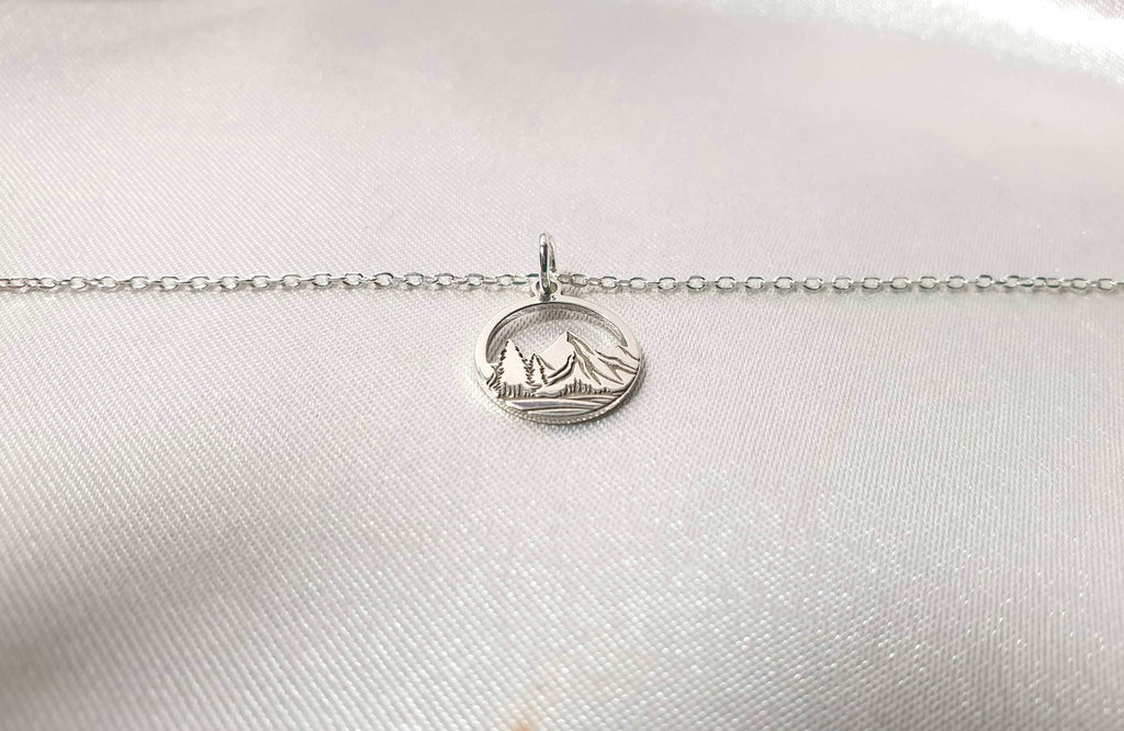Engraved Mountains and Forest Pendant Necklace in Sterling Silver - Hiking Climbing Adventure Pendant - Travel Inspired Jewelry