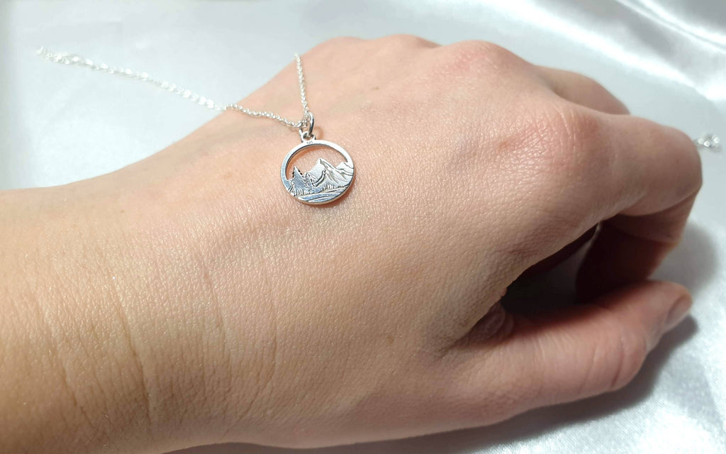 Engraved Mountains and Forest Pendant Necklace in Sterling Silver - Hiking Climbing Adventure Pendant - Travel Inspired Jewelry