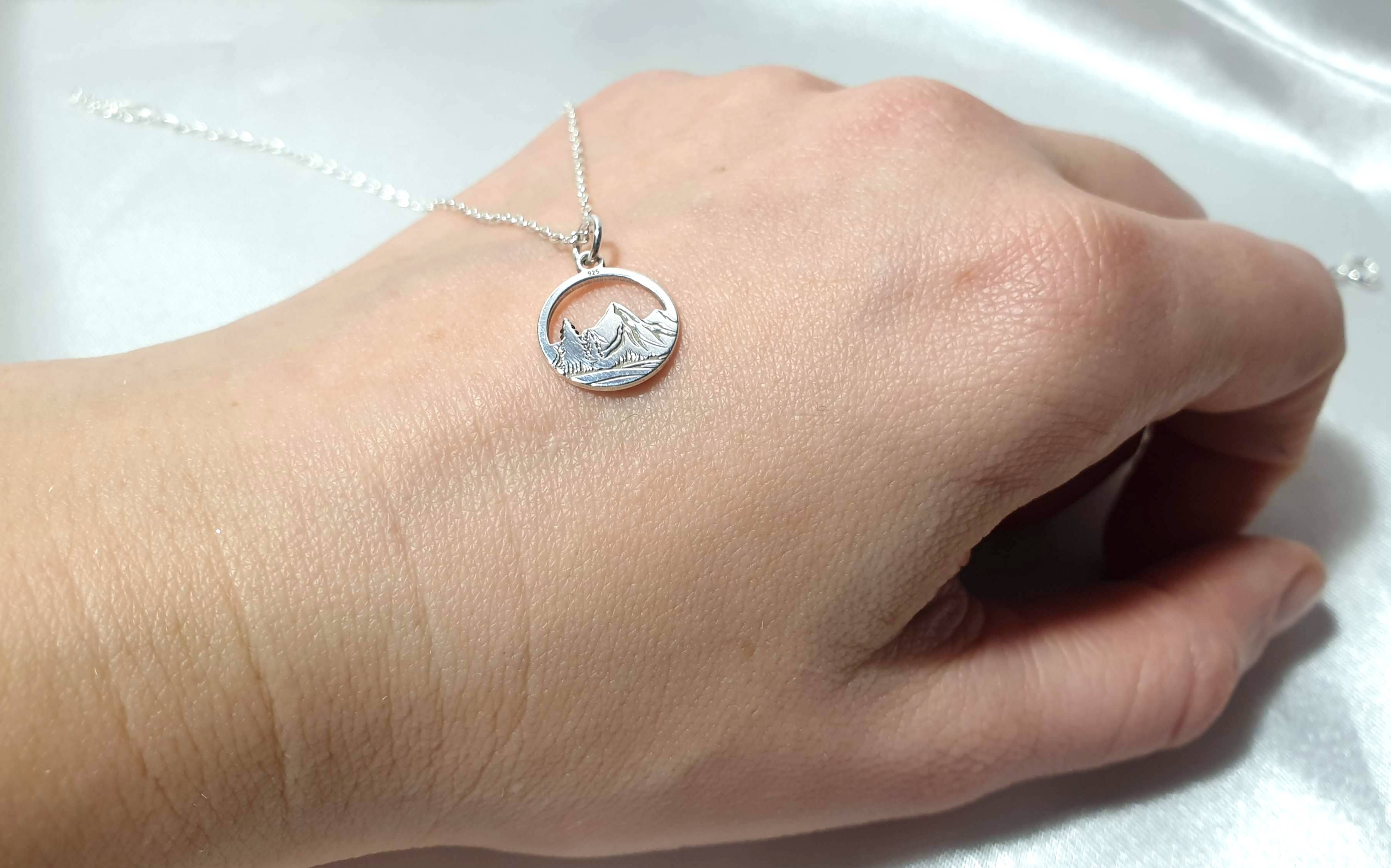 Engraved Mountains and Forest Pendant Necklace in Sterling Silver - Hiking Climbing Adventure Pendant - Travel Inspired Jewelry