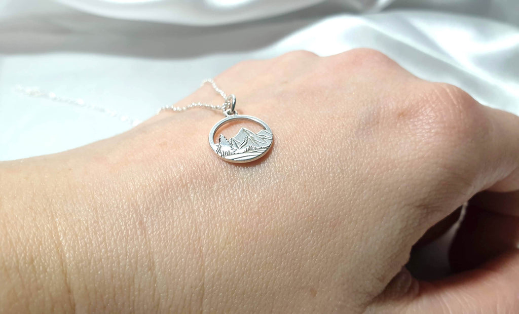 Engraved Mountains and Forest Pendant Necklace in Sterling Silver - Hiking Climbing Adventure Pendant - Travel Inspired Jewelry