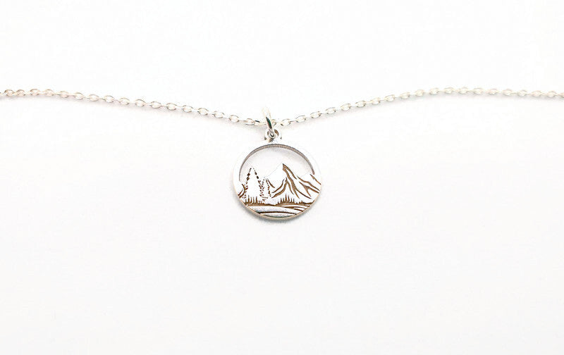 Engraved Mountains and Forest Pendant Necklace in Sterling Silver - Hiking Climbing Adventure Pendant - Travel Inspired Jewelry