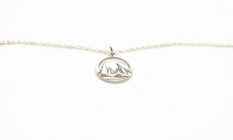 Engraved Mountains and Forest Pendant Necklace in Sterling Silver - Hiking Climbing Adventure Pendant - Travel Inspired Jewelry